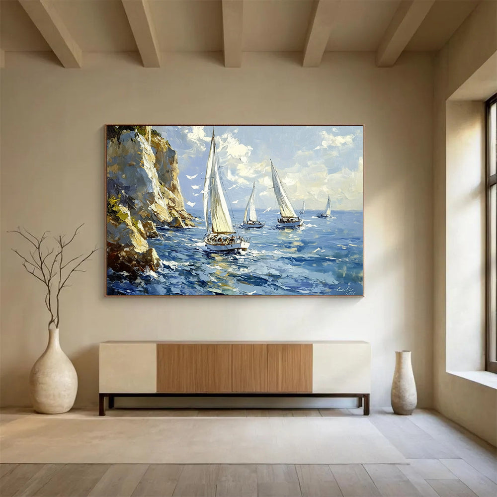 Blue, White, Yellow and Green Seascape with Sailboats "Sailing Serenity" Painting On Canvas HB0661