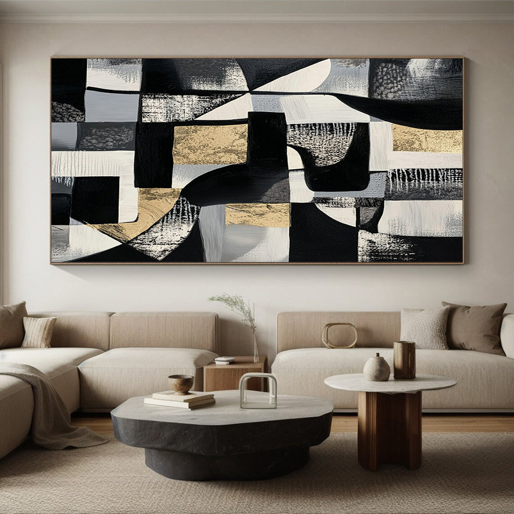 Black, White, Gray and Gold Abstract Composition "Monochrome Luxury" Painting On Canvas HB340