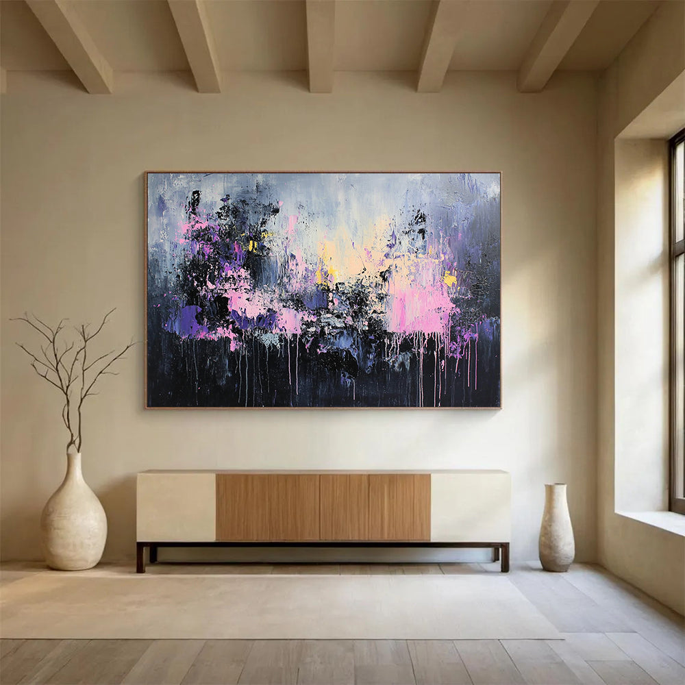 “Mystic Purple Drips” - Purple, Pink, Gray, Black, Dripping Abstract Painting On Canvas HB1051