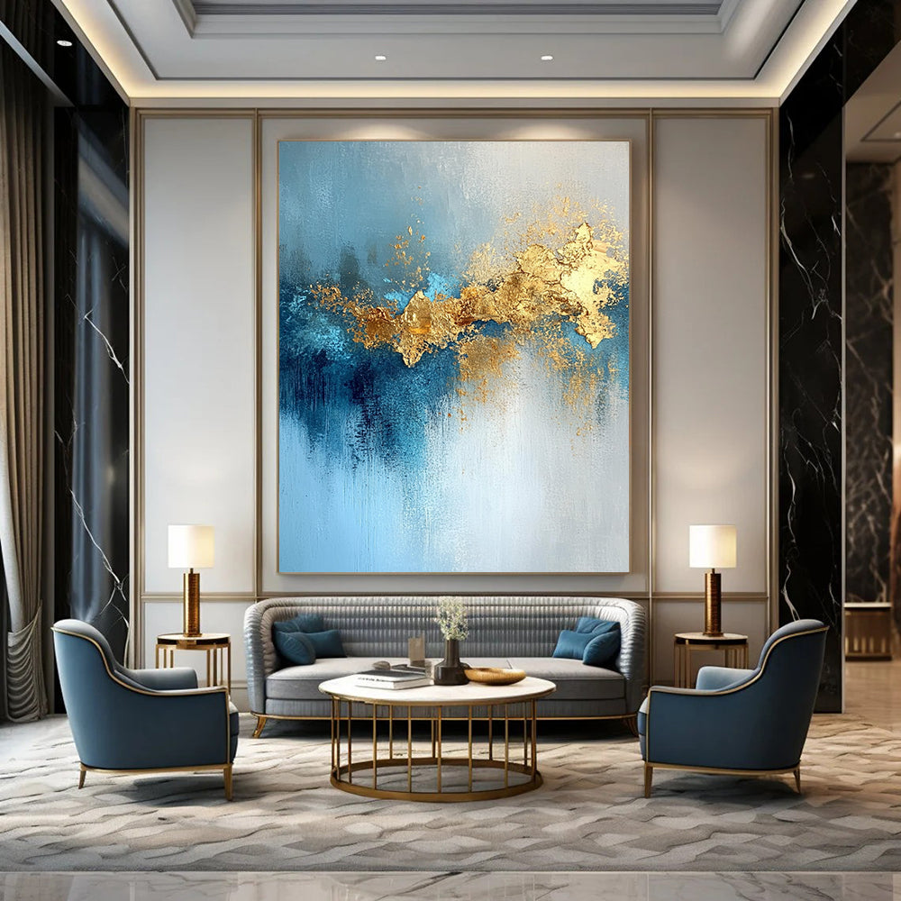 Contemporary hand-painted abstract artwork featuring gold leaf, soft light, blue tones, atmospheric clouds, and a mysterious shimmering texture. DLZ0336