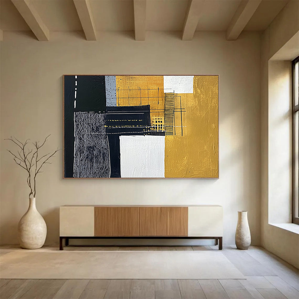 “Black Gold White Geometric Mix” - Black, gold, white, gray; Geometric abstract with mixed textures HB1292
