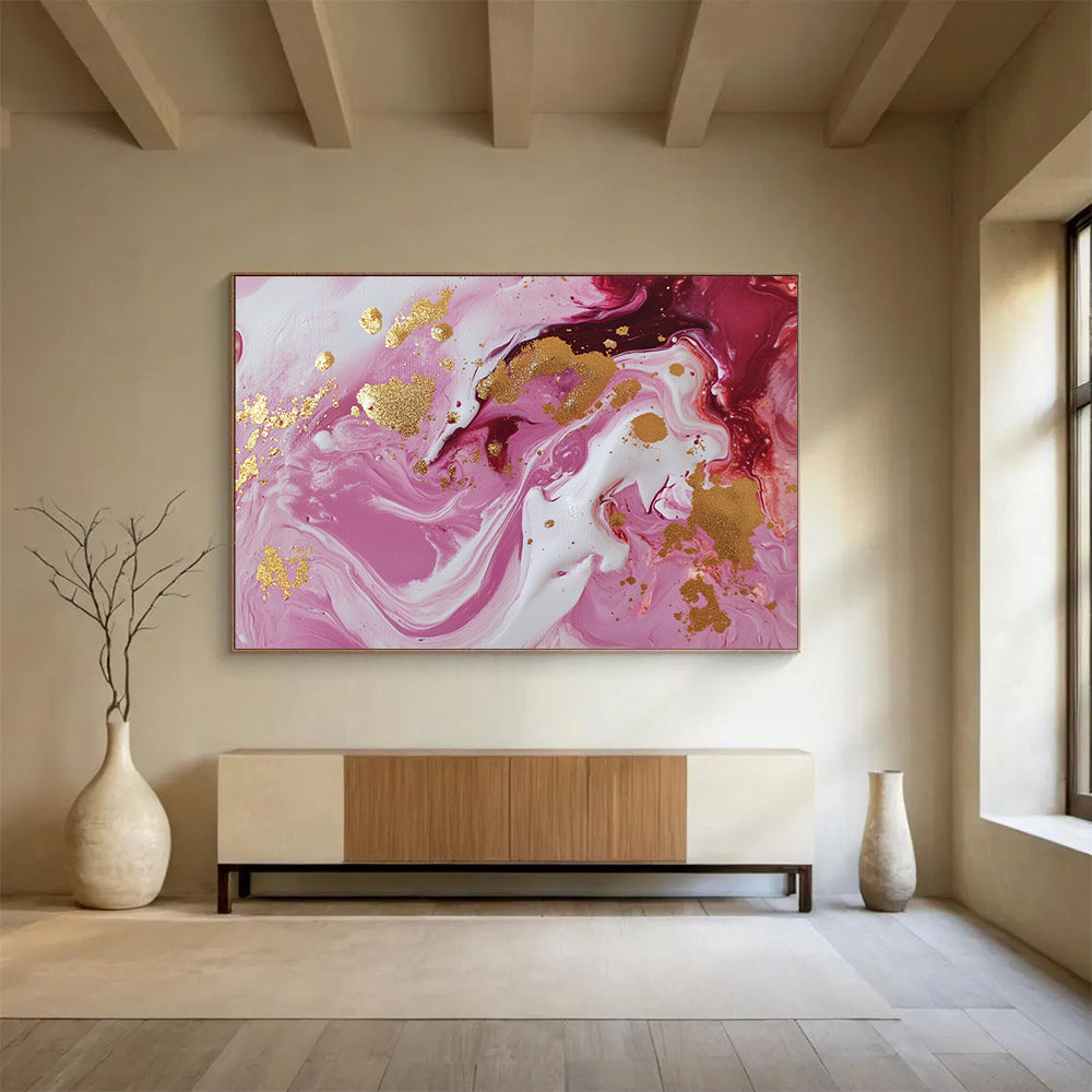 “Pink and Gold Swirl” - Pink, White, Gold, Fluid Swirling Patterns - Acrylic Pour Painting HB1728