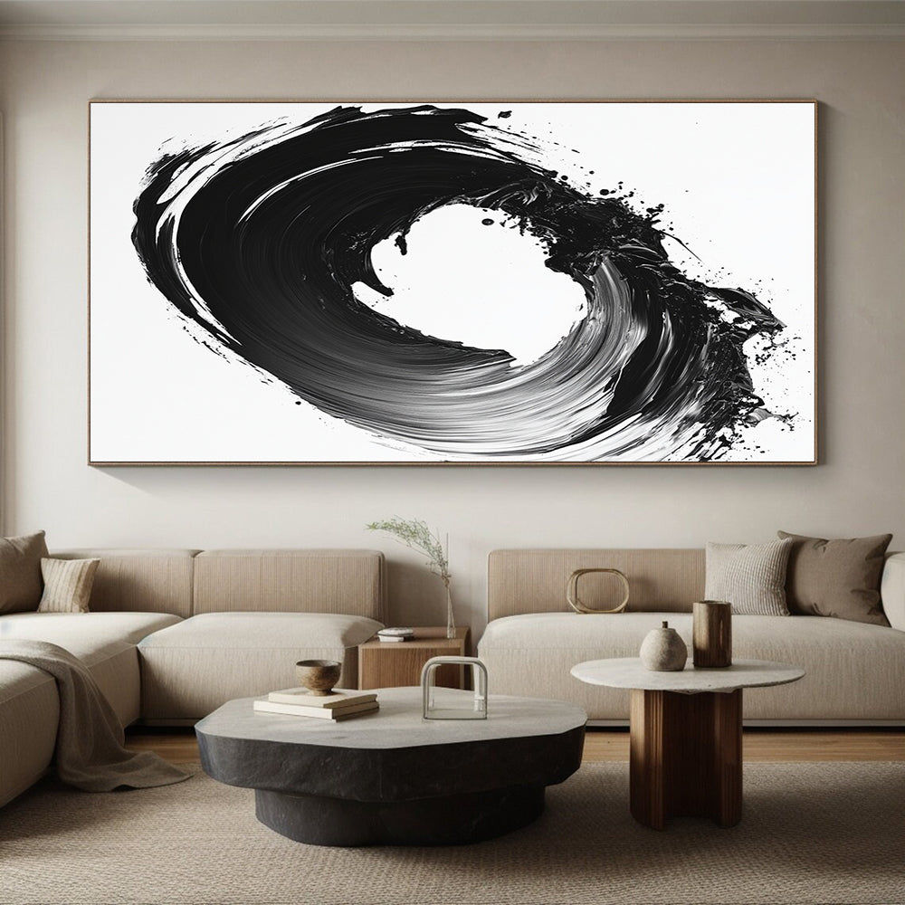 Black & White Circular Ink Brushstroke - “Infinite Ink Loop” Painting On Canvas HB230