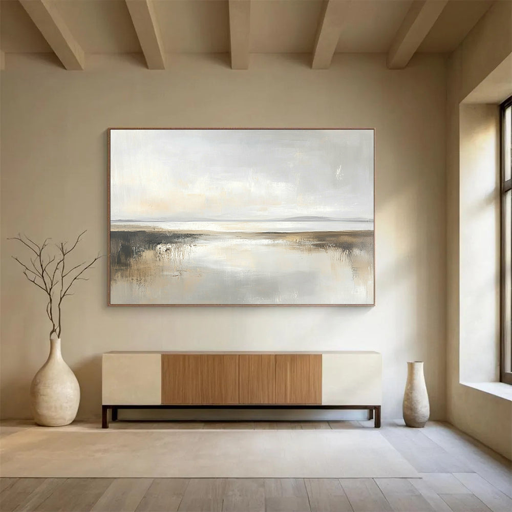 “Soft Gray Coastal Reflection” - Gray, Beige, Subtle Reflections, Minimalist Landscape Painting On Canvas HB0904