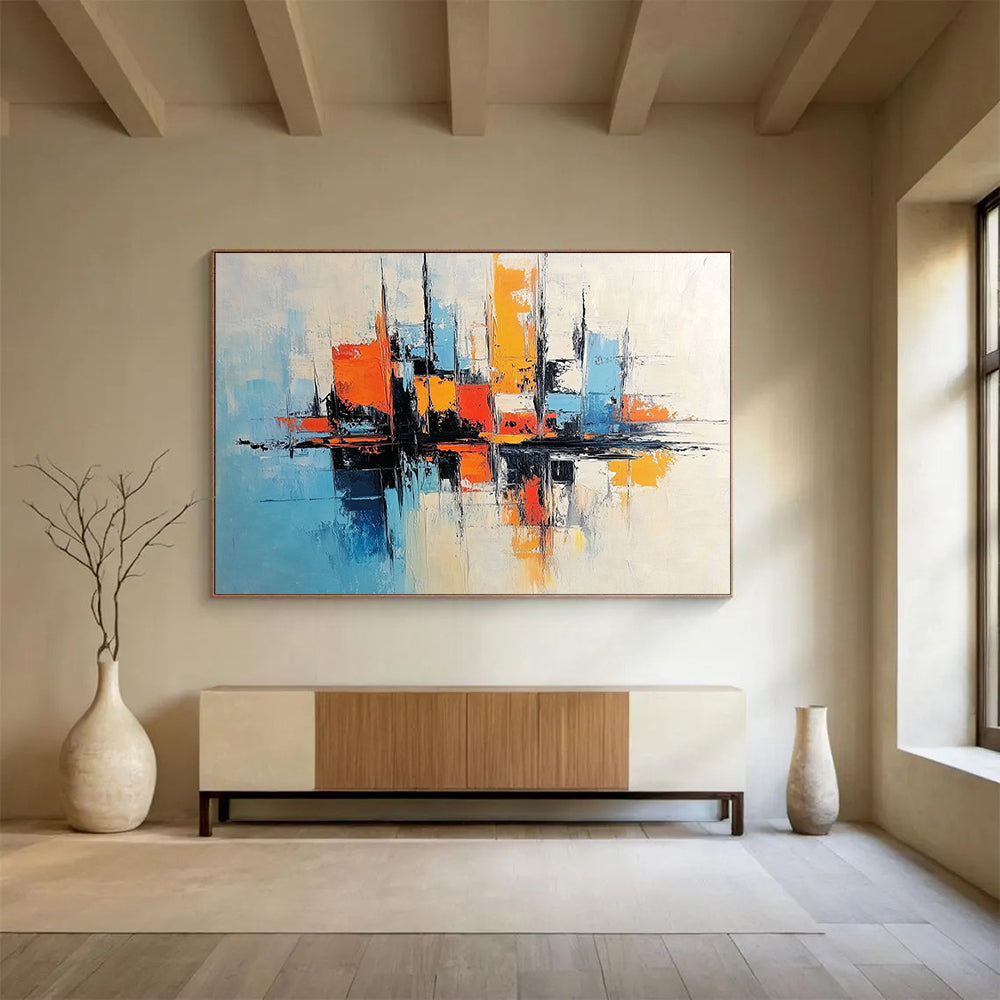 “Minimalist City Abstraction” - Blue, Orange, White, Abstract City Forms Painting On Canvas HB0987