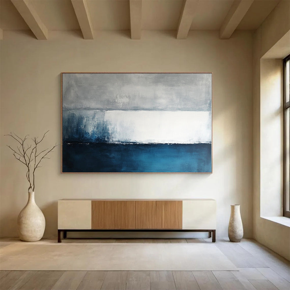 “Gray - Blue Abstract Horizon Lines” - Gray, Blue, White, Horizon Lines Painting On Canvas HB0832