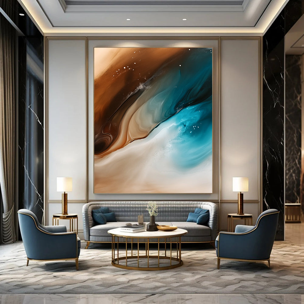 Contemporary abstract artwork features fluid shapes of sand and ocean waves in brown white teal and blue with smooth brushstrokes and a gradient background. DLZ0993