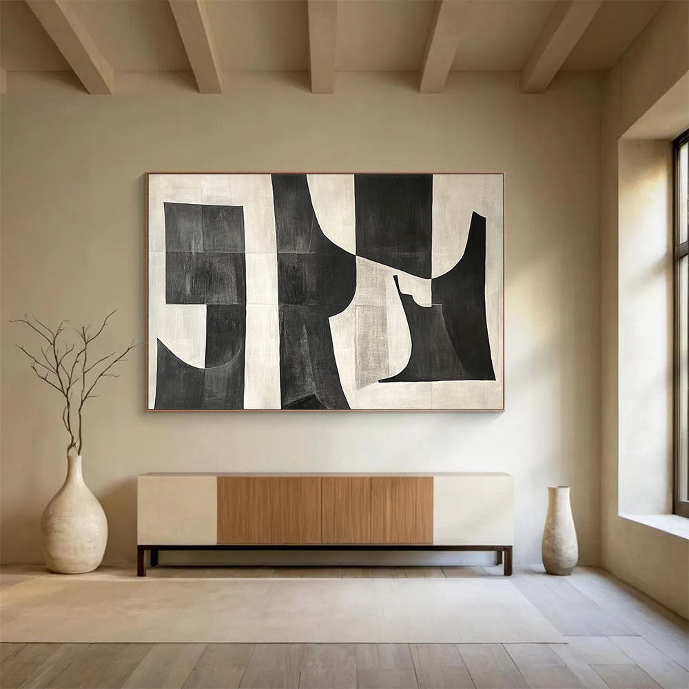 Black and White Geometric Abstract "Bold Shapes" Painting On Canvas HB0659