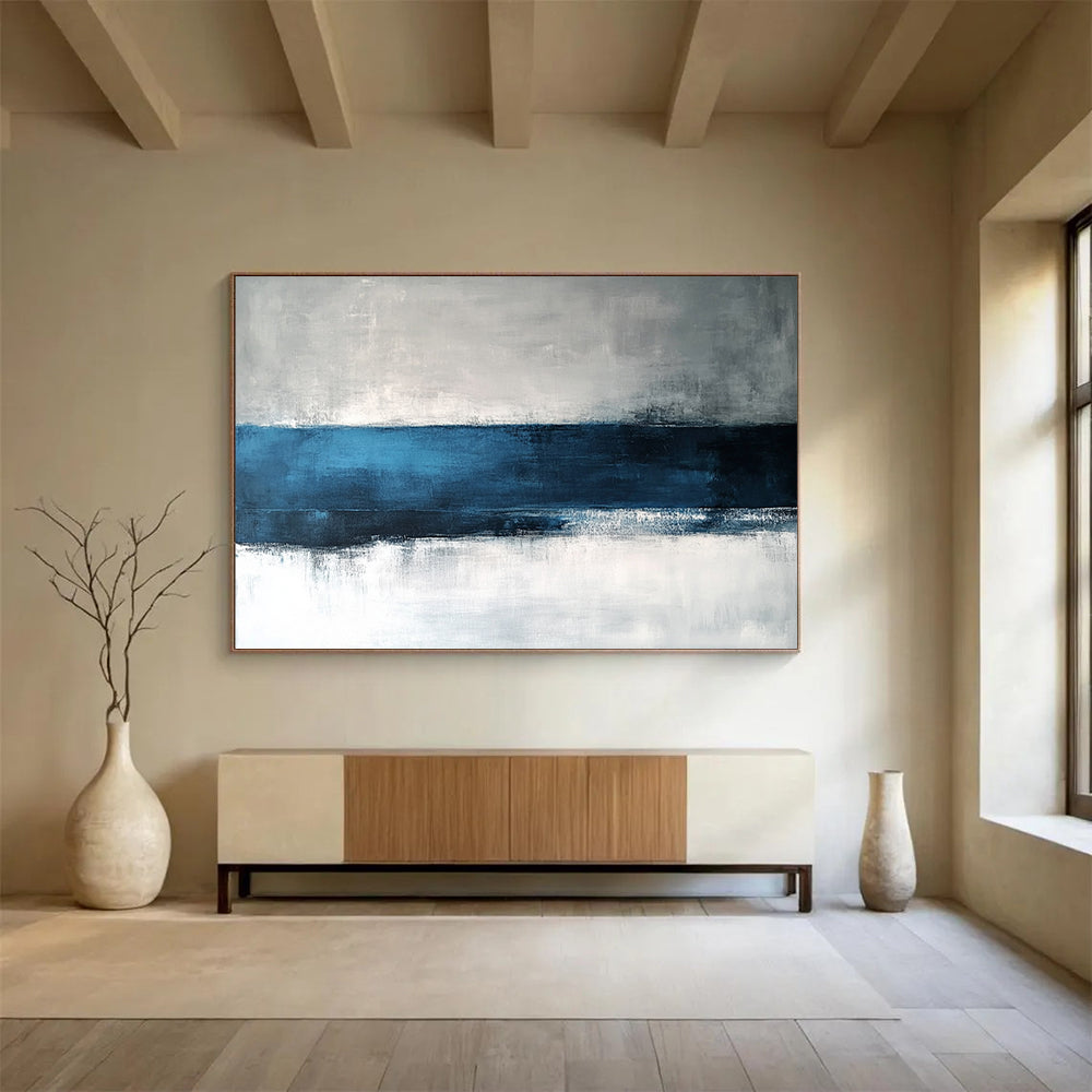 “Blue - Gray Horizon” - Blue, Gray, White, Minimalist Abstract Landscape Painting On Canvas HB1064