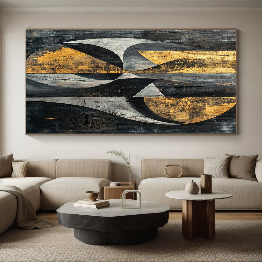 Gray, Black, Gold and Silver Geometric Abstraction "Mystic Geometry" Painting On Canvas HB397