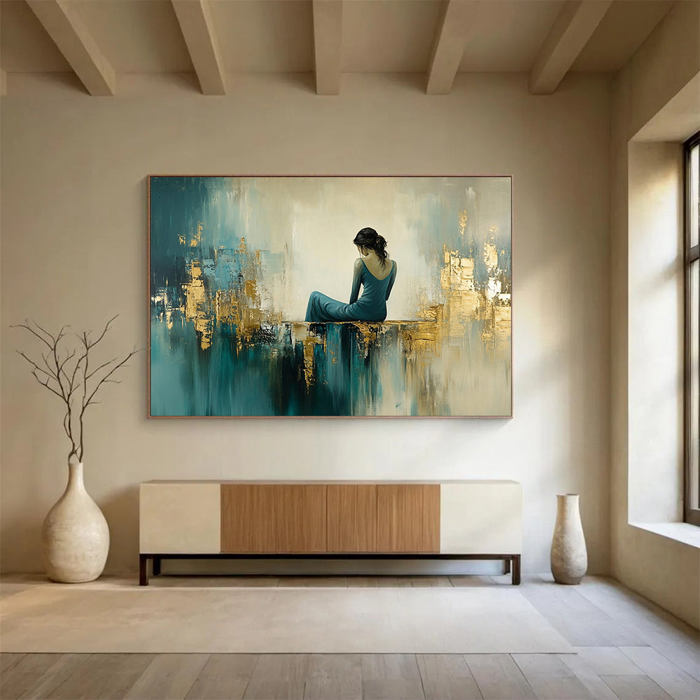 “Elegant Figure in Teal - Gold Abstract Space” - Teal, Gold, Figure, Abstract Figurative Painting On Canvas HB1106