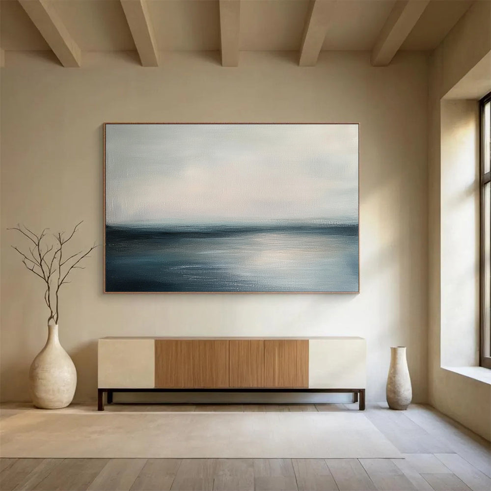 “Minimalist Sea Horizon” - Gray, Blue, White - Minimalist Sea - Acrylic Painting HB1303