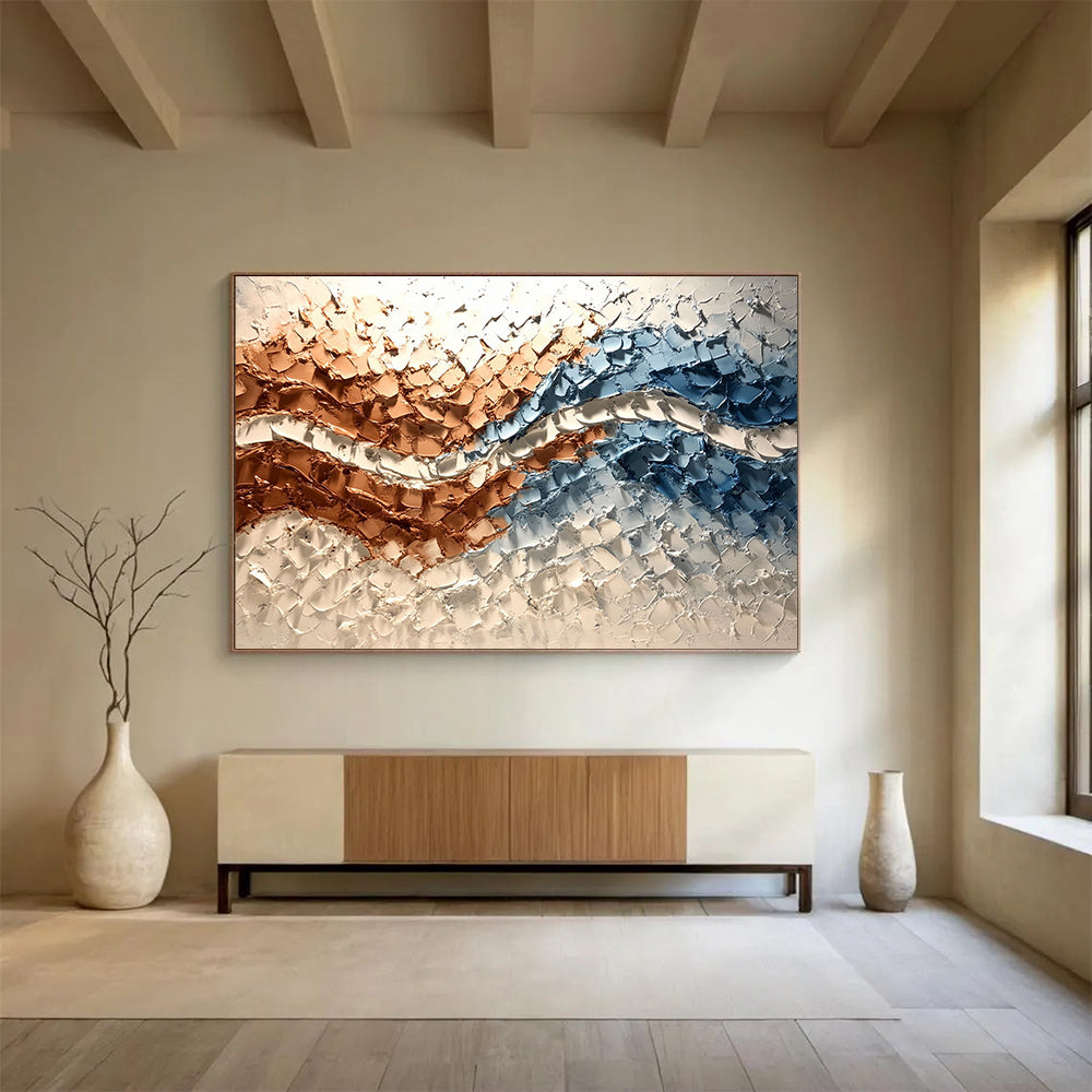 “Textured Copper - Blue Waves” - Copper, Blue, White, 3D Wave - Patterned Abstract Painting On Canvas HB0979