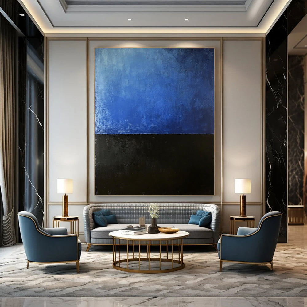 Contemporary hand-painted abstract artwork featuring dark navy and soft gradient sky-blue evokes mystery solitude and introspection. DLZ1592
