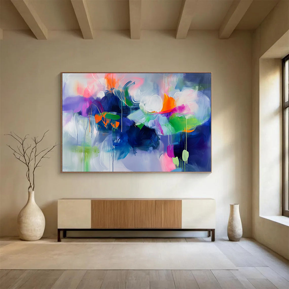 “Vibrant Floral Swirls” - Purple, Pink, Green, Orange, Abstract Flower - like Painting On Canvas HB1060