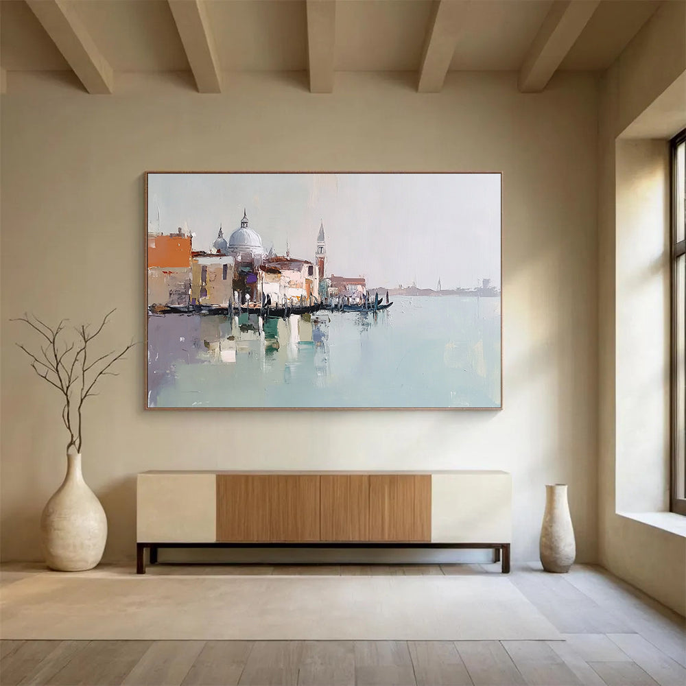 “Venice Impression Abstract” - Beige, Blue, Orange with Venice Scene - Painting On Canvas HB1403