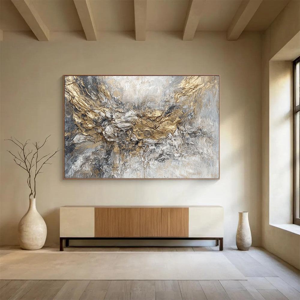“Golden - Gray Textured Abstraction” - Gold, Gray, Textured Swirls Painting On Canvas HB0786