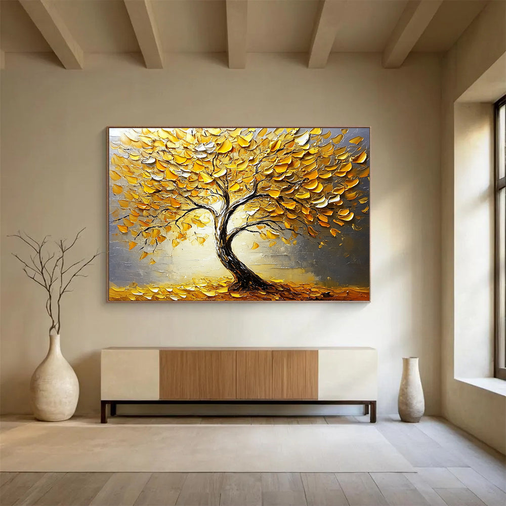 “Textured Golden Tree” - Gold, Gray, 3D Golden Leaves, Tree - Impasto Oil Painting HB1678