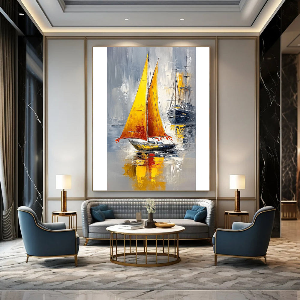 Contemporary hand-painted abstract art featuring a small boat with a yellow sail and orange tassels against a calm sea and gray sky. DLZ1700