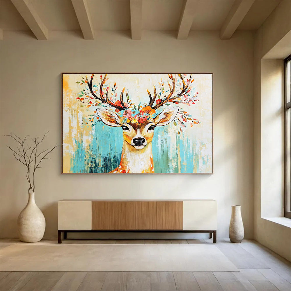 “Floral - Antlered Deer” - Yellow, Blue, Colorful Flowers, Deer Portrait - Whimsical Acrylic Painting HB1677