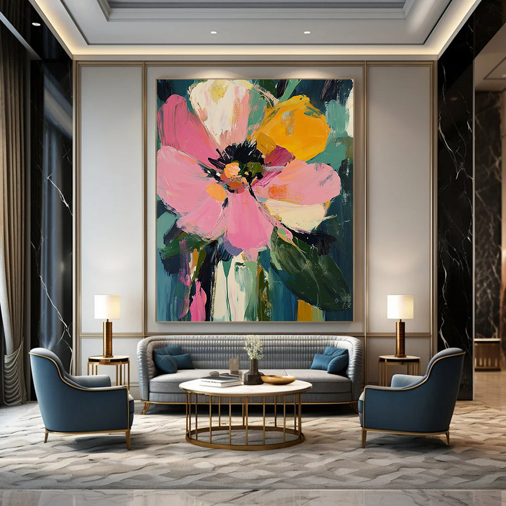 Vibrant contemporary painting featuring oversized pink and yellow flowers, lush dark green leaves, and expressive thick brush strokes. DLZ0381