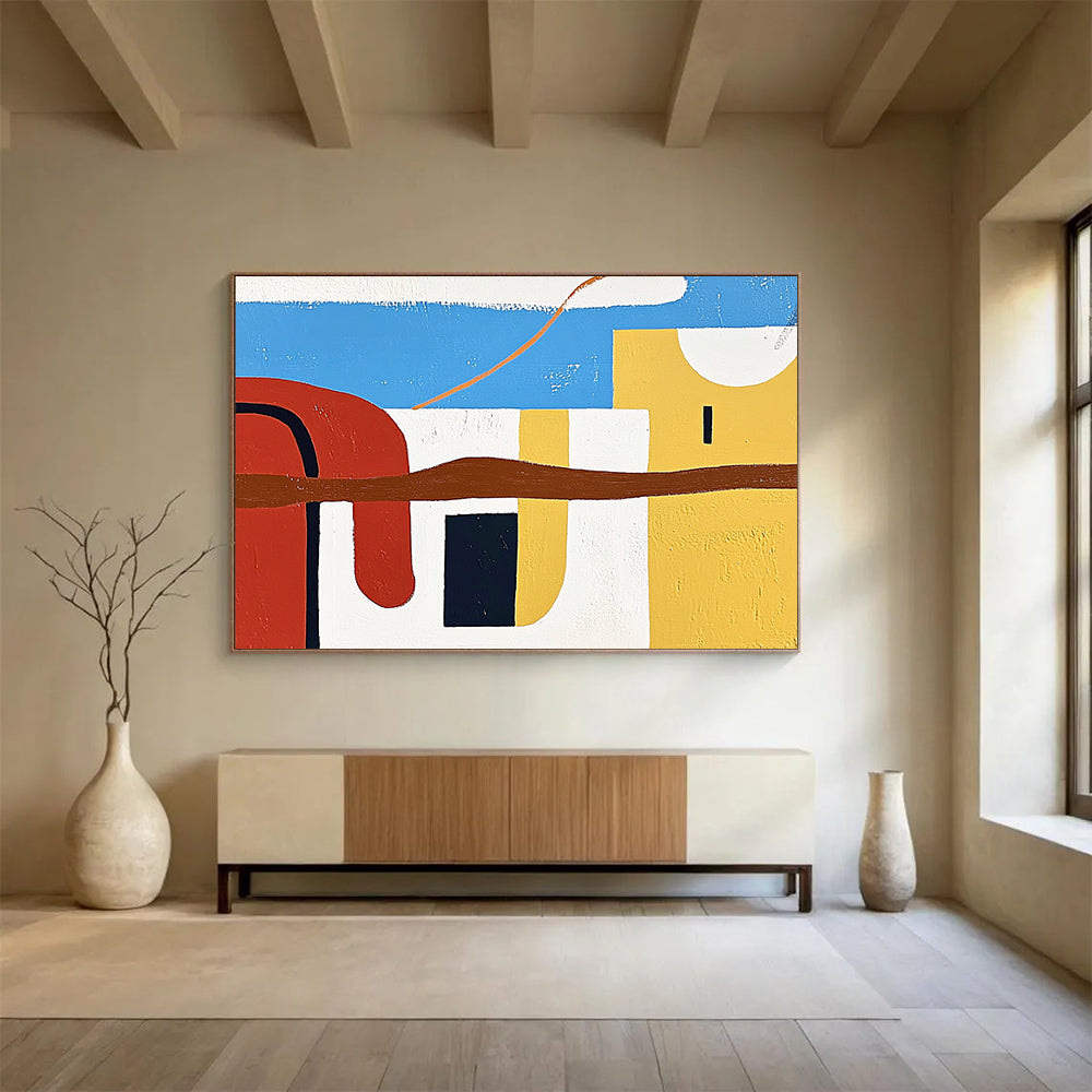 “Colorful Abstract Landscape” - Blue, Red, Yellow, Brown, White - Abstract Geometric Landscape - Acrylic Painting HB1314