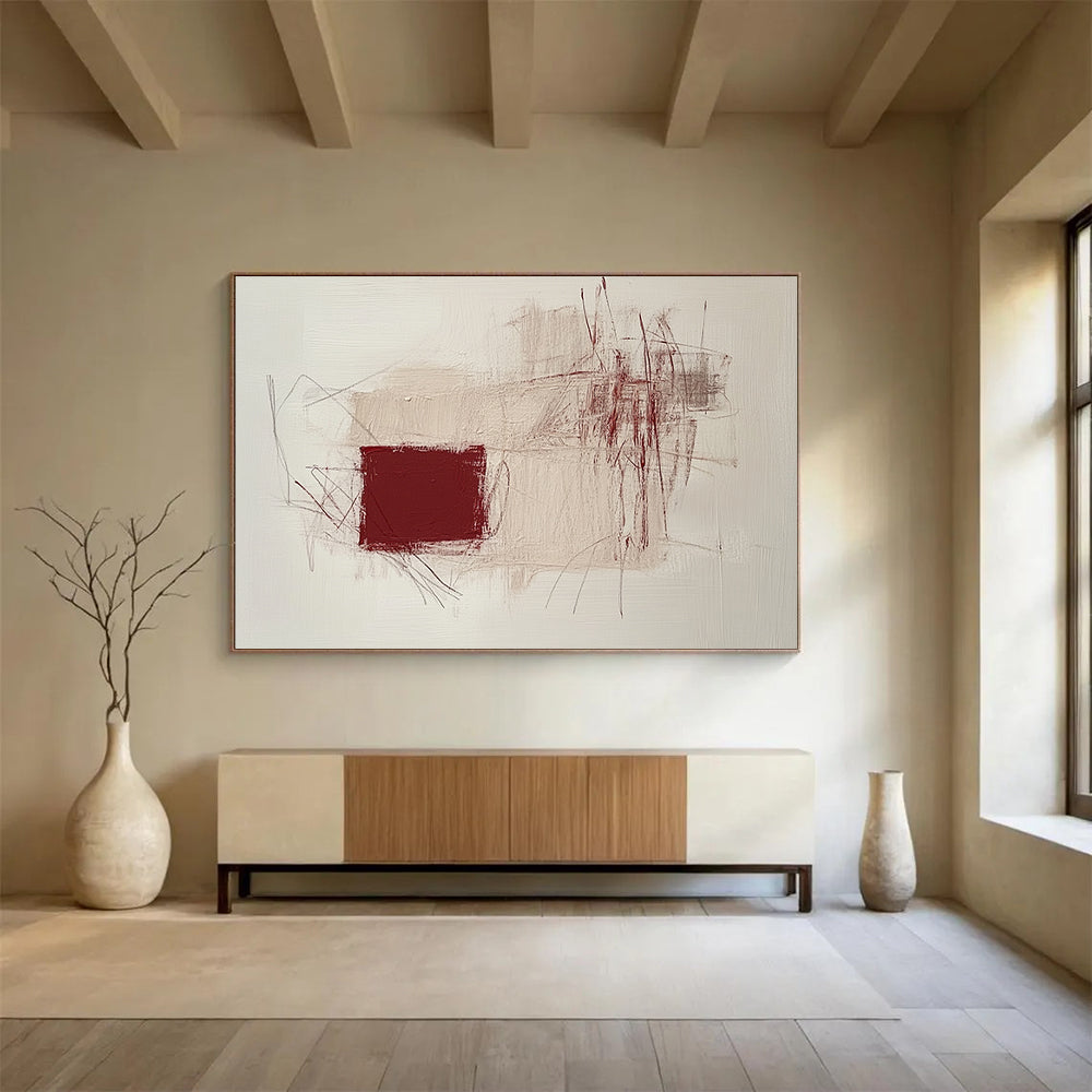 “Minimalist Maroon & Beige Abstraction” - Maroon, Beige, Abstract Shapes Painting On Canvas HB0767