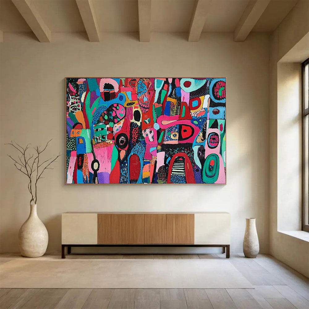“Whimsical Colorful Shapes” - Multicolor, Abstract Shapes Painting On Canvas HB0741