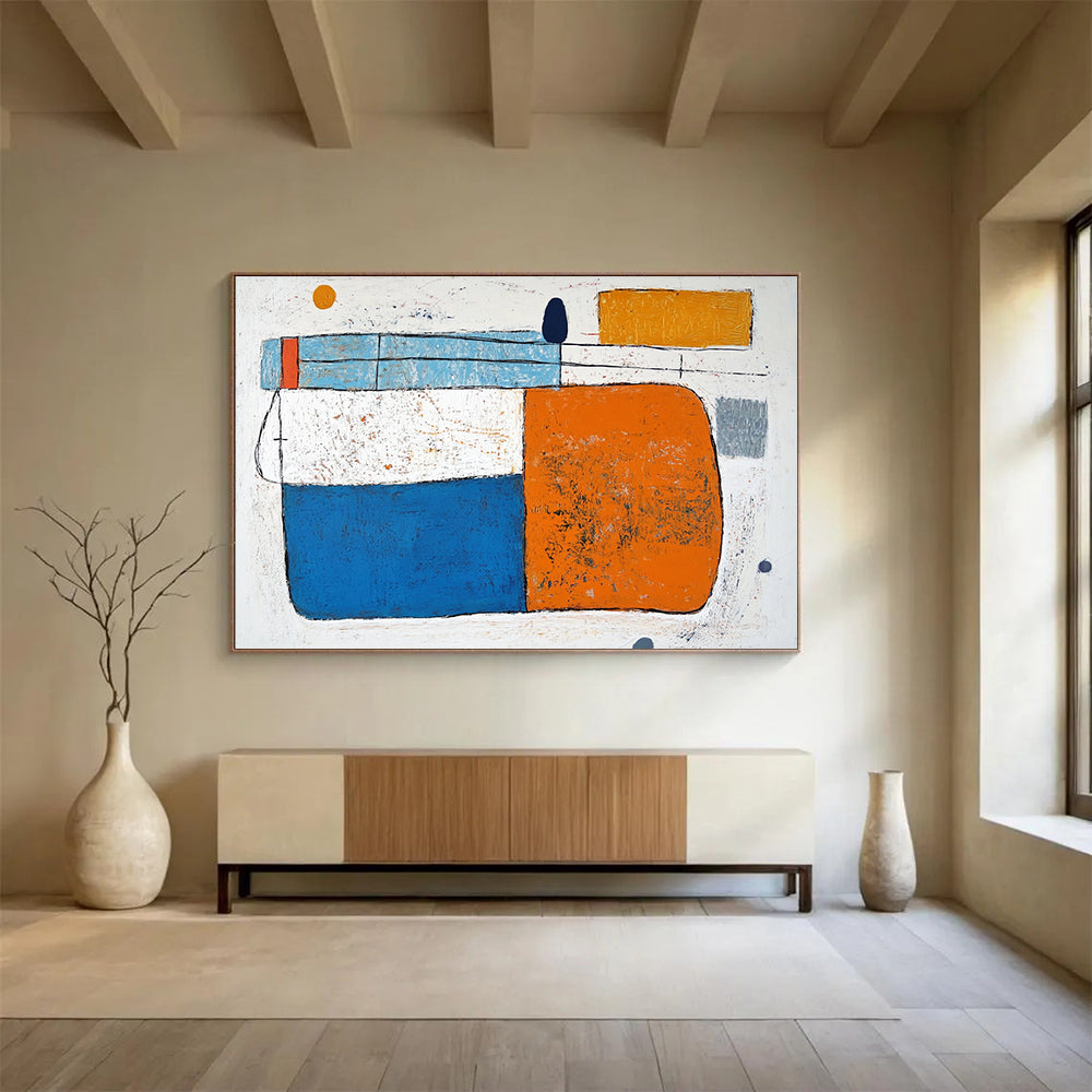 “Colorful Geometric Abstract” - Blue, orange, white, gray, yellow; Colorful geometric abstract shapes; Acrylic Painting On Canvas HB1255