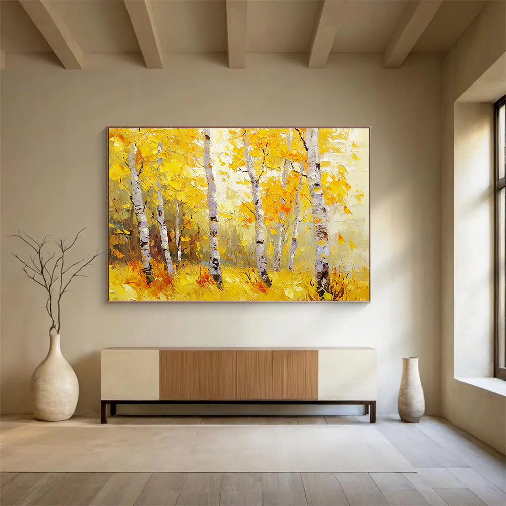 “Golden Autumn Birches” - Yellows, Oranges, Browns, White, Birch Trees - Impressionist Oil Painting HB1582