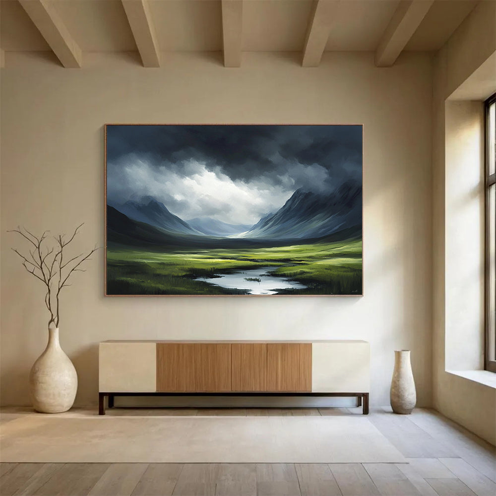 “Moody Mountain Landscape with Light” - Green, Blue, Gray, Dramatic Mountain Scene - Oil Painting HB1643