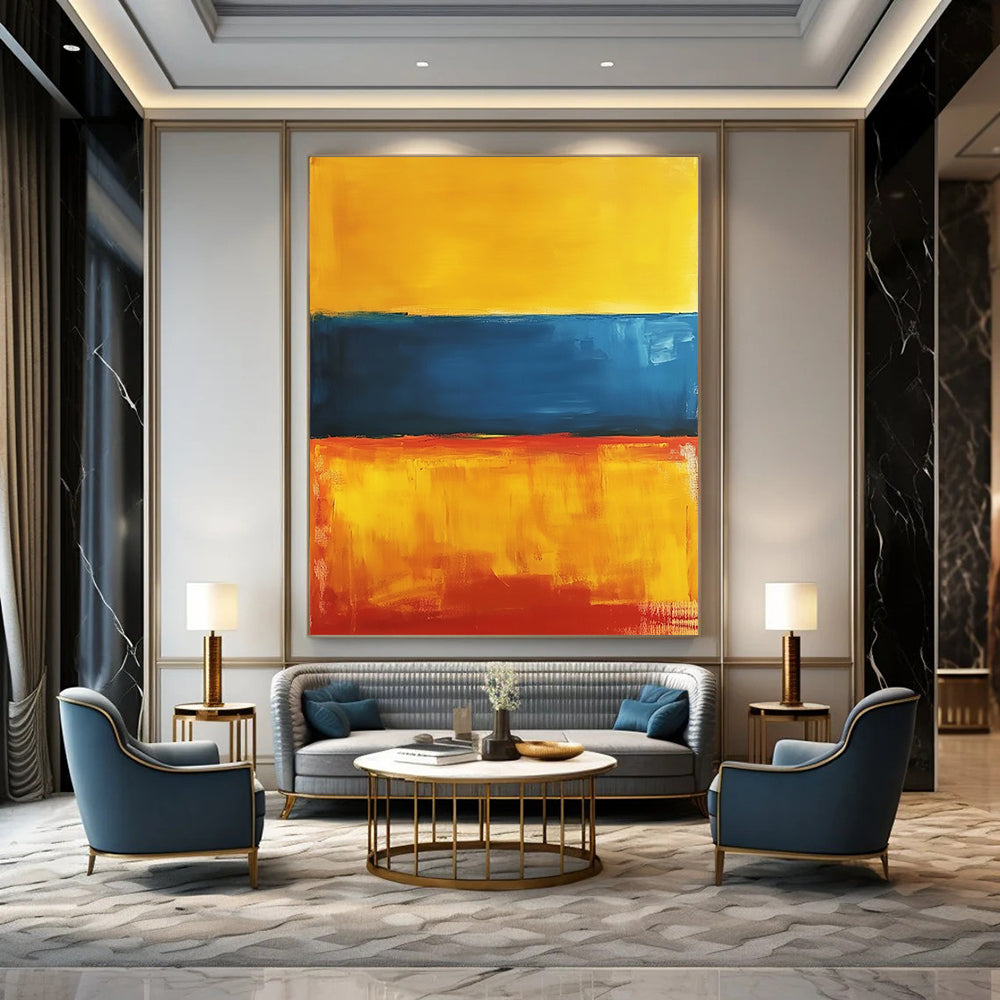 Contemporary abstract artwork featuring a vibrant interplay of orange, blue, and yellow hues, inspired by minimalist aesthetics. DLZ1354