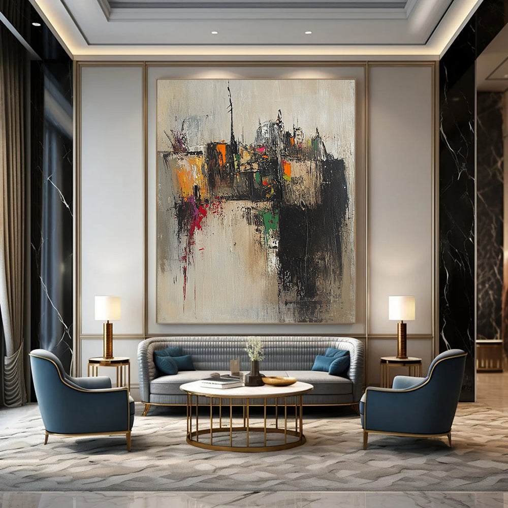 Contemporary abstract artwork featuring an old village with tight brushstrokes in muted earth tones accented by splashes of pink yellow green and orange. DLZ0959
