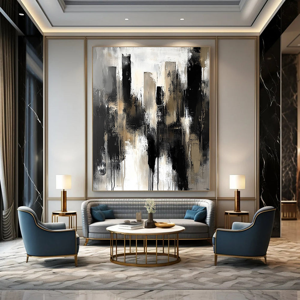 Contemporary abstract painting featuring dark gray tones large brush strokes muted neutral colors and a sense of urban melancholy and isolation. DLZ0313