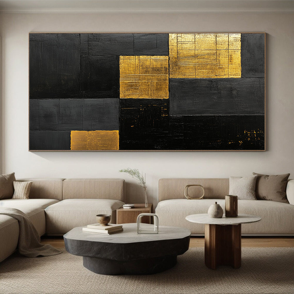 Black, Gold, Patchwork Squares "Gilded Night" Abstract Modernist Painting On Canvas HB155