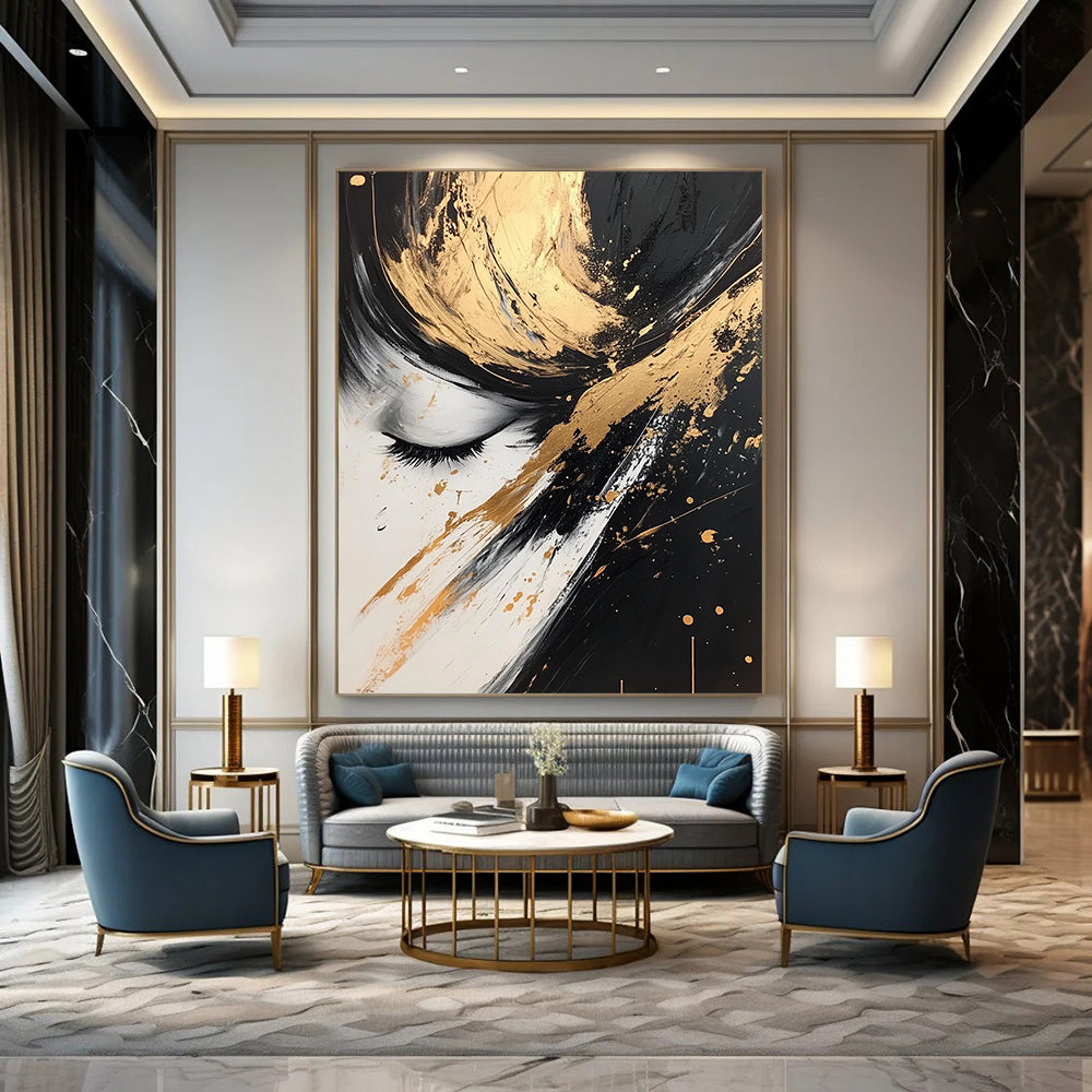Contemporary hand-painted abstract art featuring dynamic black, white, and gold splashes creating an elegant and beautiful visual experience. DLZ0323
