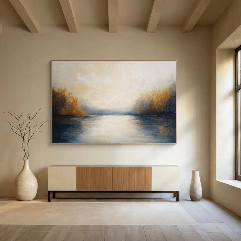 “Sunlit Lake Reflection” - Whites, Yellows, Blues, Brown, Lake Scene - Impressionist Oil Painting HB1572