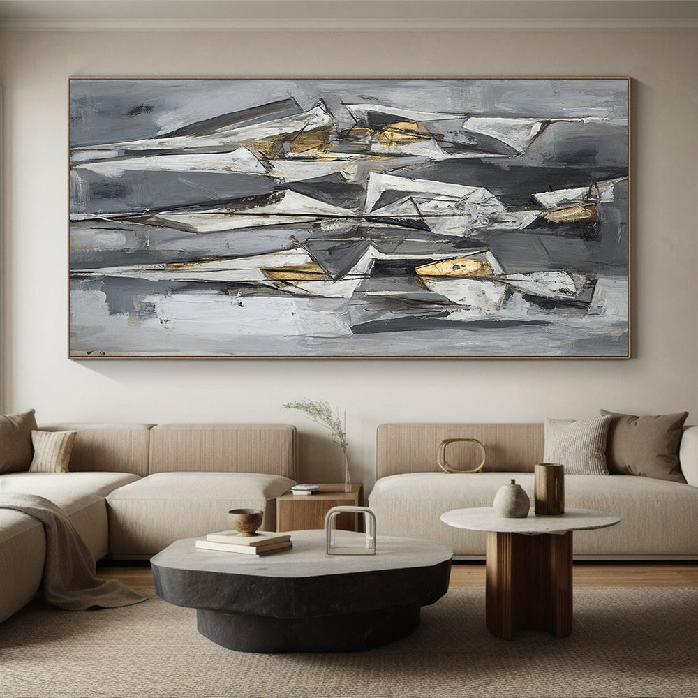 Gray, White, Black and Gold Cubist Figures "Ethereal Forms" Painting On Canvas HB375