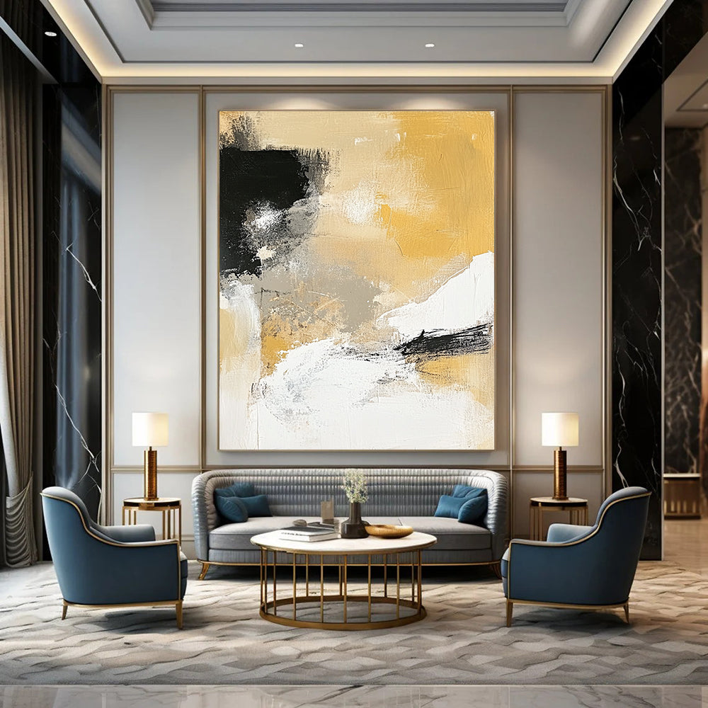 Contemporary hand-painted abstract artwork featuring neutral tones in black and white combined with vibrant yellow for a striking visual impact. DLZ0278