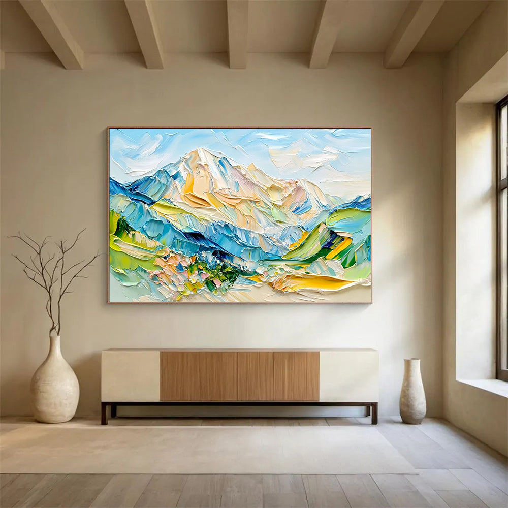 “Color - Drenched Alpine Vistas” - Blue, Green, Yellow, Pink, Lively Mountainscape Painting On Canvas HB1021