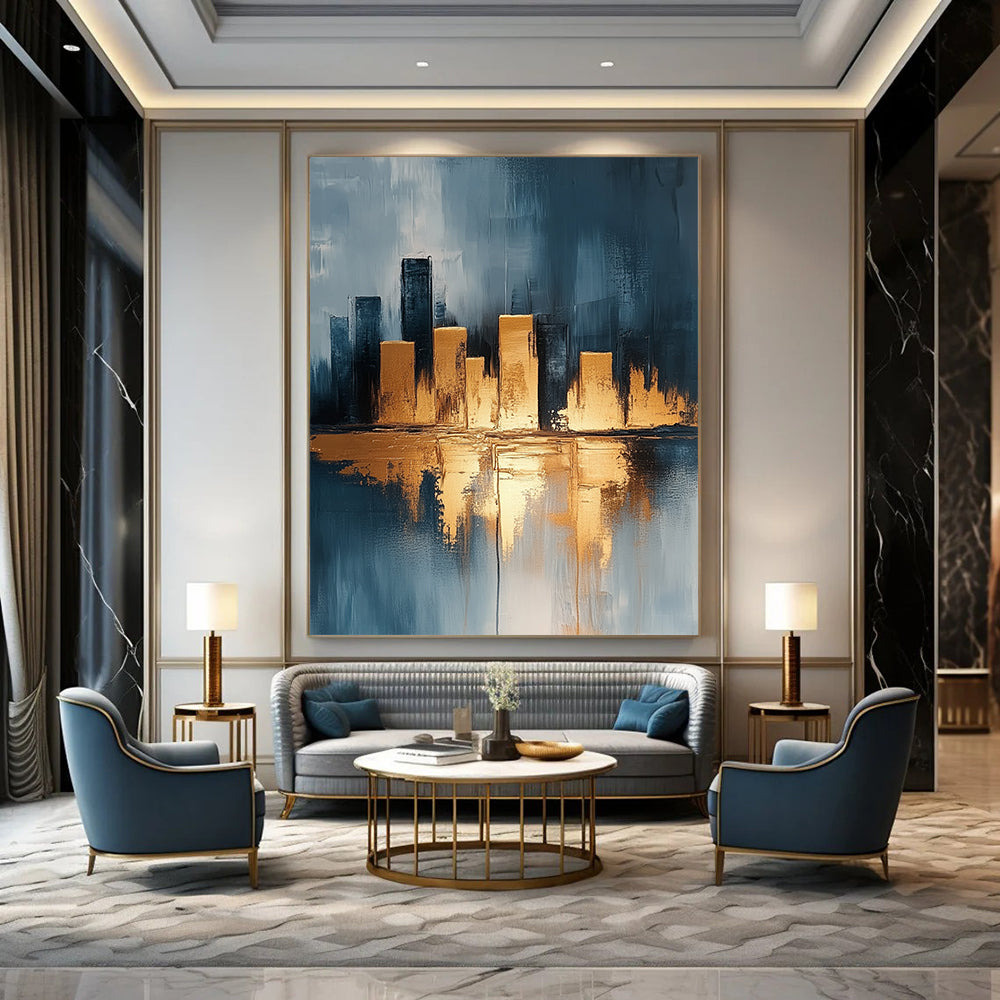 Contemporary hand-painted abstract artwork featuring a neutral urban cityscape with gold accents on canvas texture in vibrant UHD quality. DLZ0337