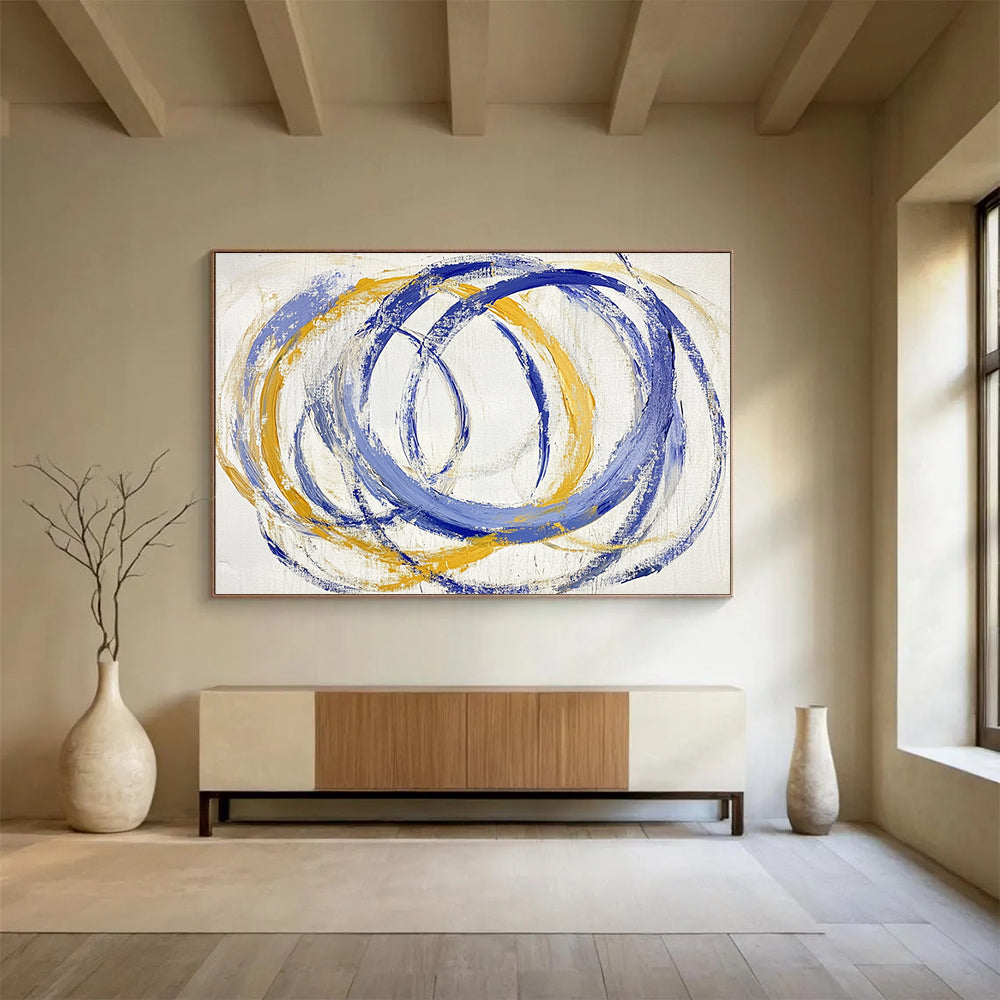 “Blue - Yellow Circular Rhythms” - Blue, Yellow, Circular Strokes Painting On Canvas HB0766