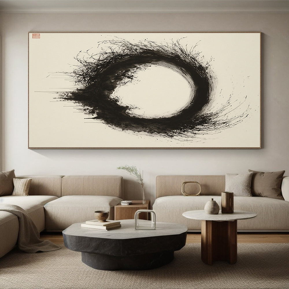 Black & Gray Textured Circular Ink - “Ethereal Enso Nest” Painting On Canvas HB246