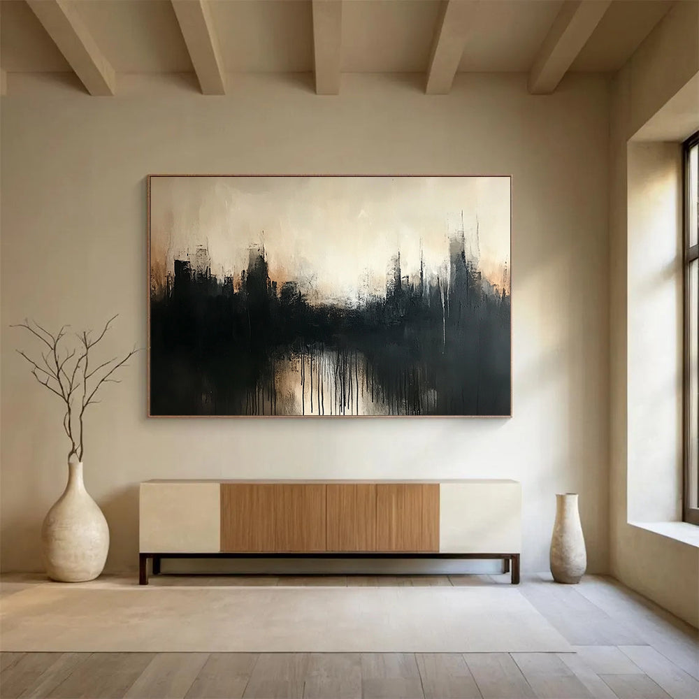 “Misty City Silhouette” - Black, Gray, Beige, Abstract Hazy Cityscape Painting On Canvas HB1077