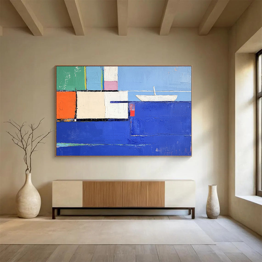 “Colorful Coastal Cubes” - Blue, Green, Orange, Pink, Abstract Cubist Coastal Painting On Canvas HB1075