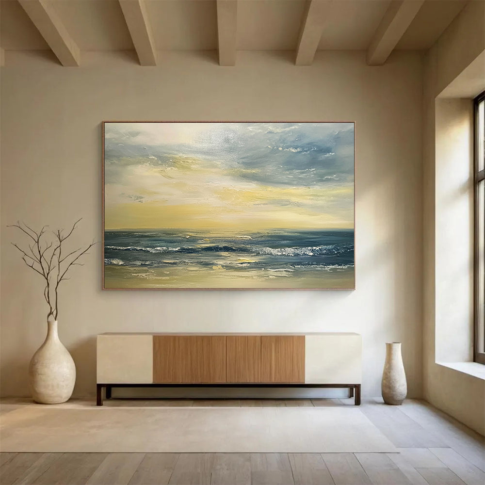 “Golden Ocean Sunset” - Yellows, Oranges, Blues, Ocean at Sunset - Palette Knife Oil Painting HB1598
