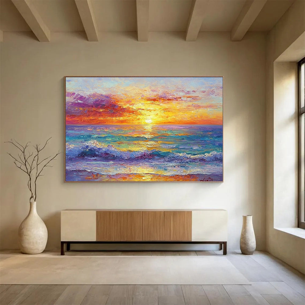 “Vibrant Sunset Over Ocean” - Oranges, Pinks, Purples, Blues, Ocean Sunset - Impasto Oil Painting HB1566