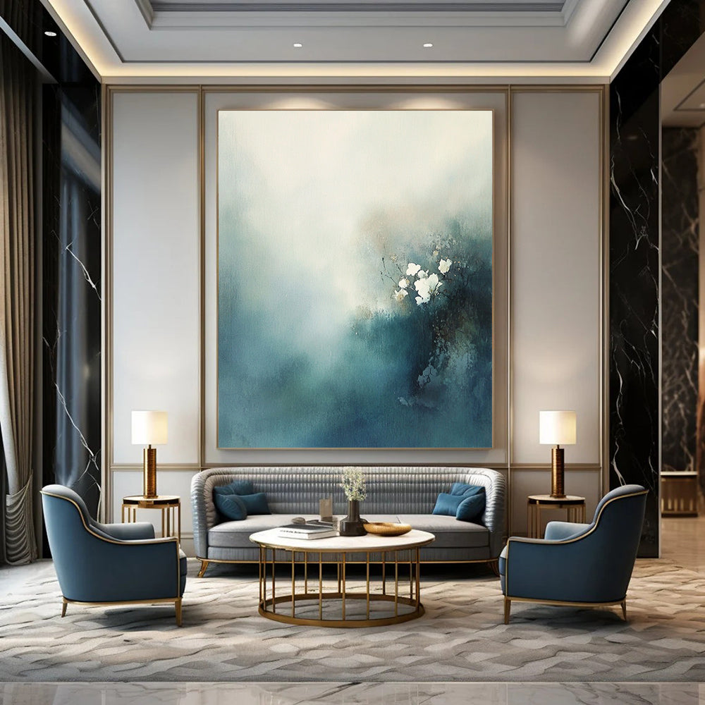 Contemporary hand-painted abstract art features misty clouds and delicate white flowers in blue-green tones, evoking mystery and tranquility with soft textures. DLZ0558