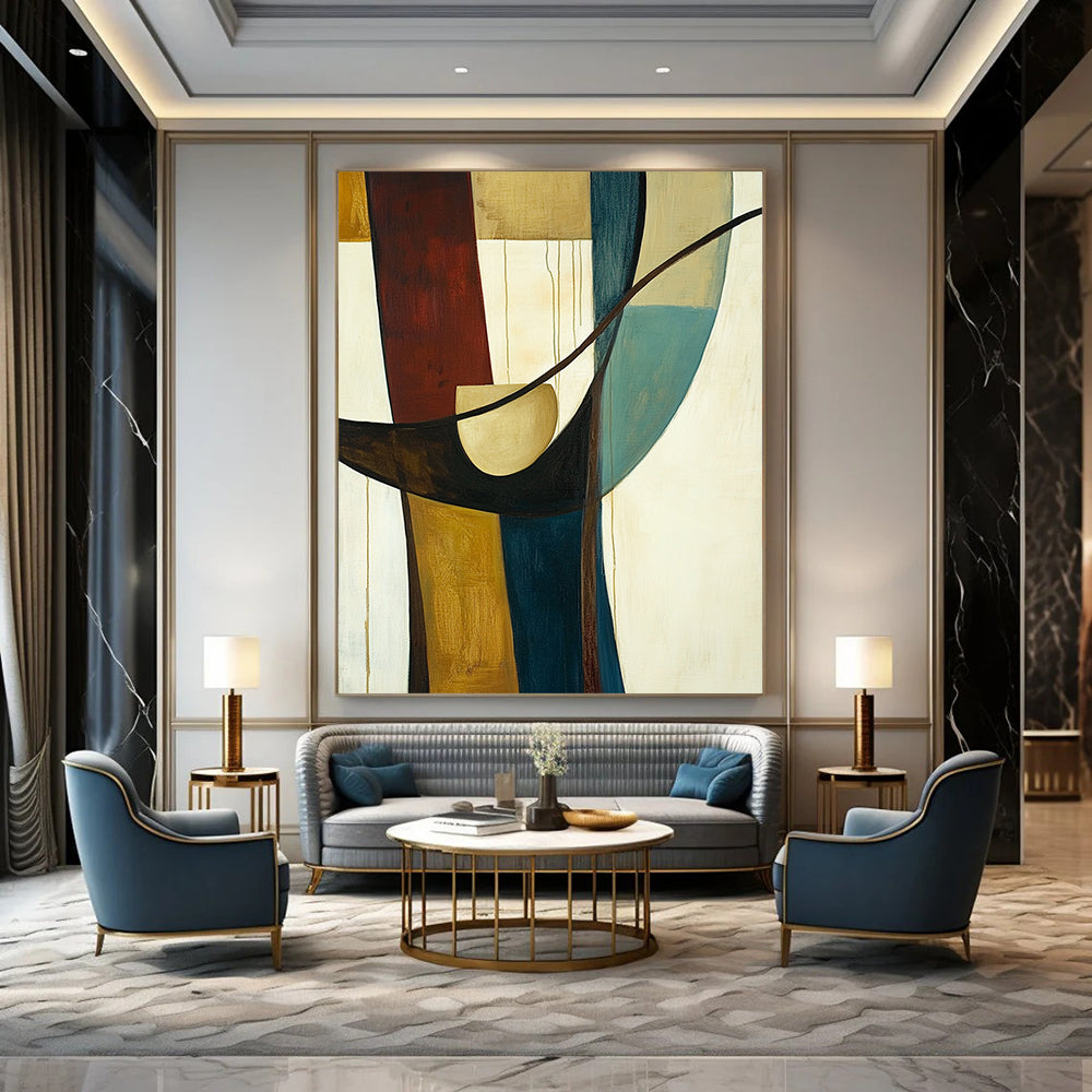 Large contemporary hand-painted abstract art featuring vertical lines, a circular shape, and curved elements in earthy tones of brown and blue-green. DLZ1395