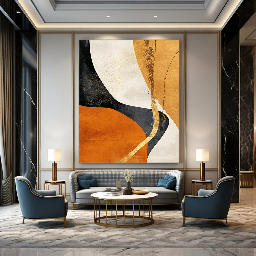 Contemporary hand-painted abstract art featuring gold and black shapes on an orange background with flowing lines and natural organic curves. DLZ0387